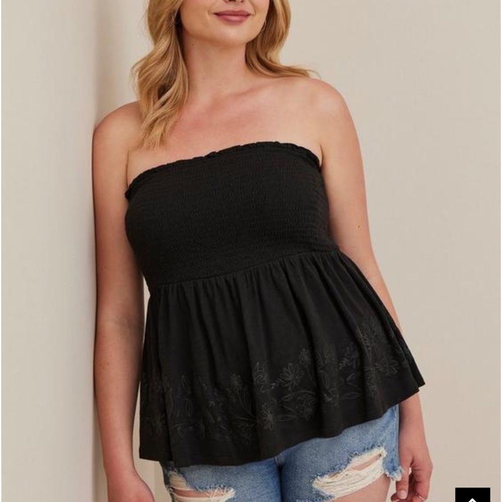 Torrid Cotton Strapless Smocked Bodice Babydoll Embroidered Detail Top